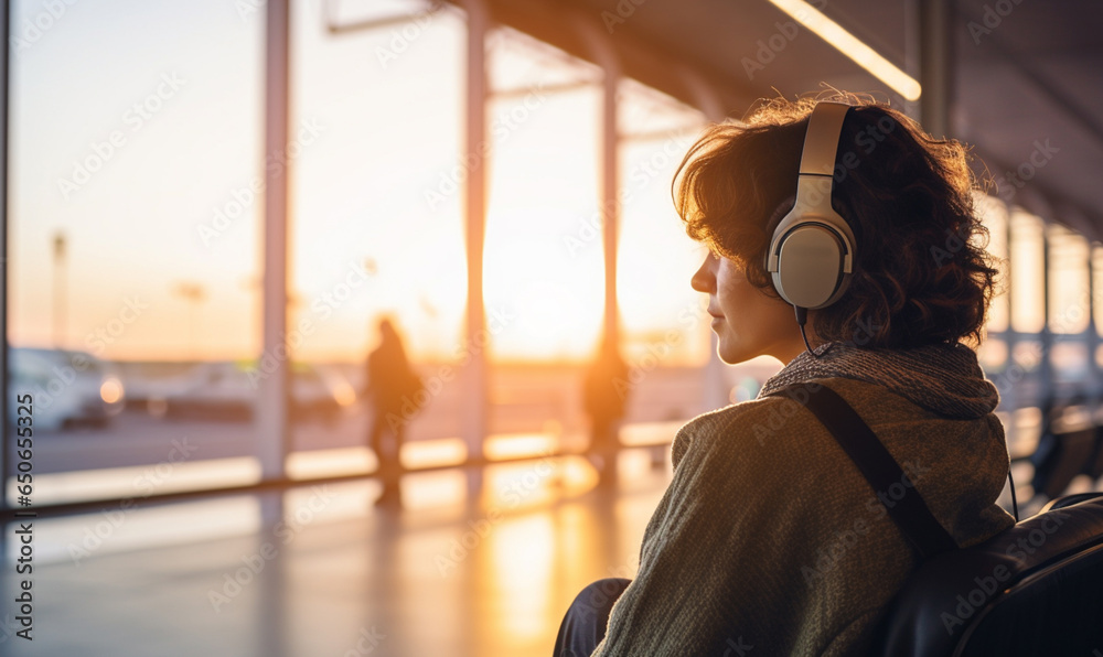 Happy female traveler in airport, Woman sitting in headphones at the terminal waiting for her flight in boarding lounge.