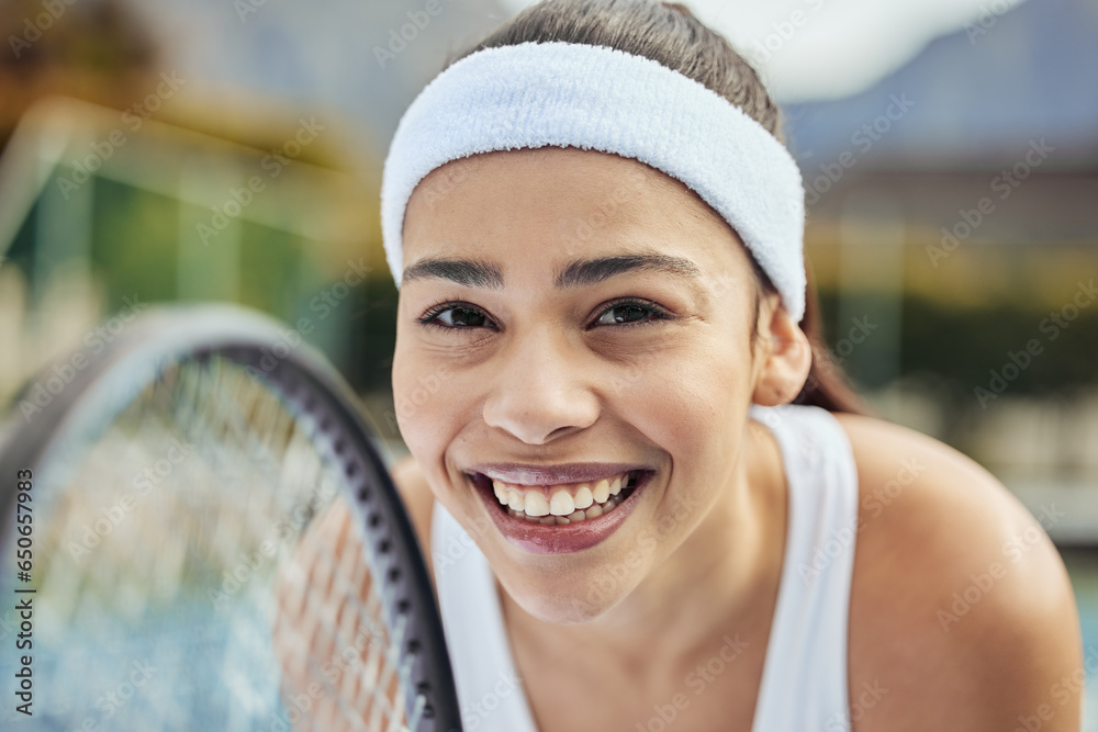 Badminton, portrait and woman tennis player with a racket practicing to play a match at stadium. Fitness, sports and professional female athlete with equipment for training on court for tournament.