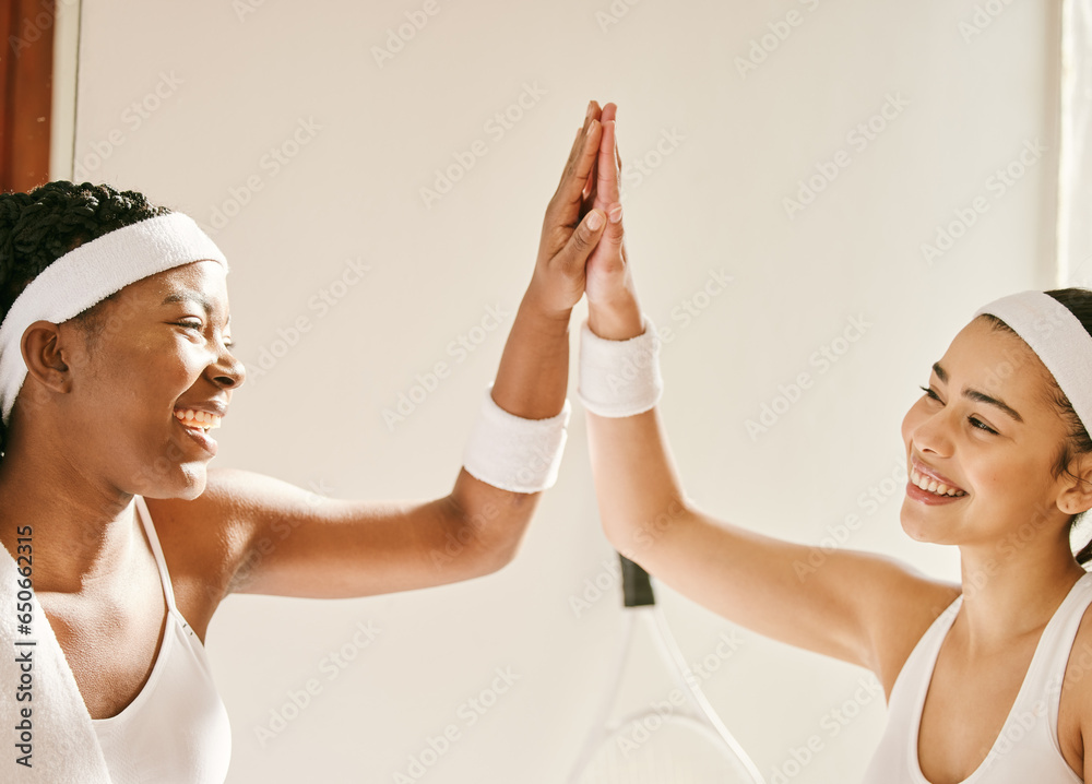 Tennis, smile and women with high five, support and celebration with motivation, teamwork or cooperation. Players, winner or friends with hand gesture, fitness or exercise with achievement or health