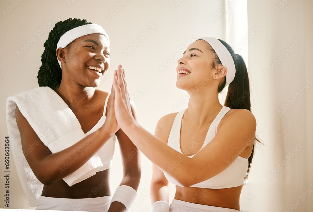 Locker room, sports and women high five for tennis training, exercise and workout for practice or match. Fitness, friends and happy people with celebration for winning, performance and competition