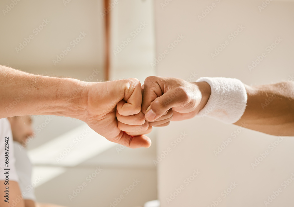 Fitness, hands and fist bump by men friends at indoor tennis court for support, motivation or training closeup. Zoom, emoji and people with sports deal, workout or partnership agreement or solidarity