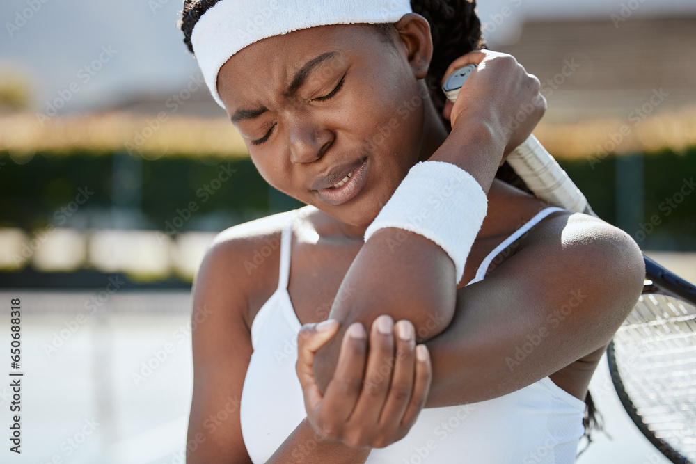 Black woman, tennis and elbow pain from injury, fitness or outdoor athlete in medical emergency or joint inflammation. African female person or sports player with sore arm, ache or accident in match