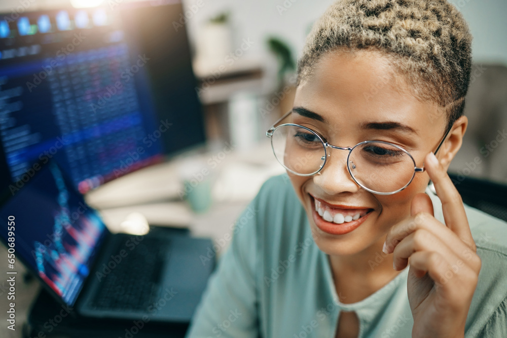 Glasses, business and thinking with a happy woman in office with statistics, investment data or analytics. Stock market, online exchange and face of broker analysis, research and equity trading