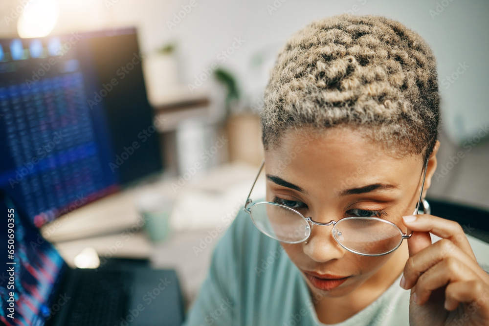 Computer glasses, stock market and business woman face reading statistics, investment data, trading analytics. Admin monitor, economy metrics and broker analysis, research and review financial trade