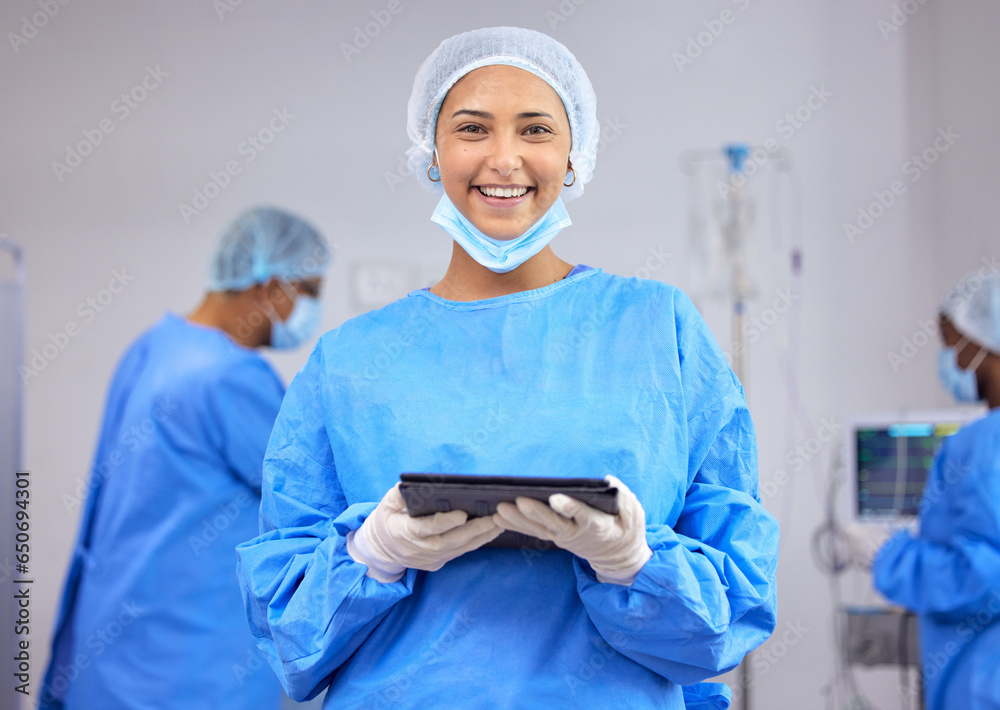 Doctor, woman in portrait with tablet in surgery and operation room, healthcare and digital treatment plan. Smile, help and wellness with surgeon and medical care, online health record at hospital