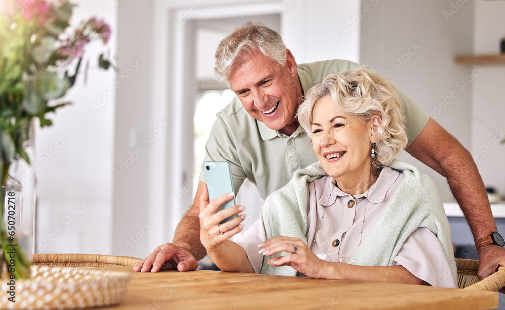 Senior couple, video call and home with phone, conversation and contact on social media in retirement. Happy elderly man, woman and webinar with smartphone, smile and hello in morning, house or table