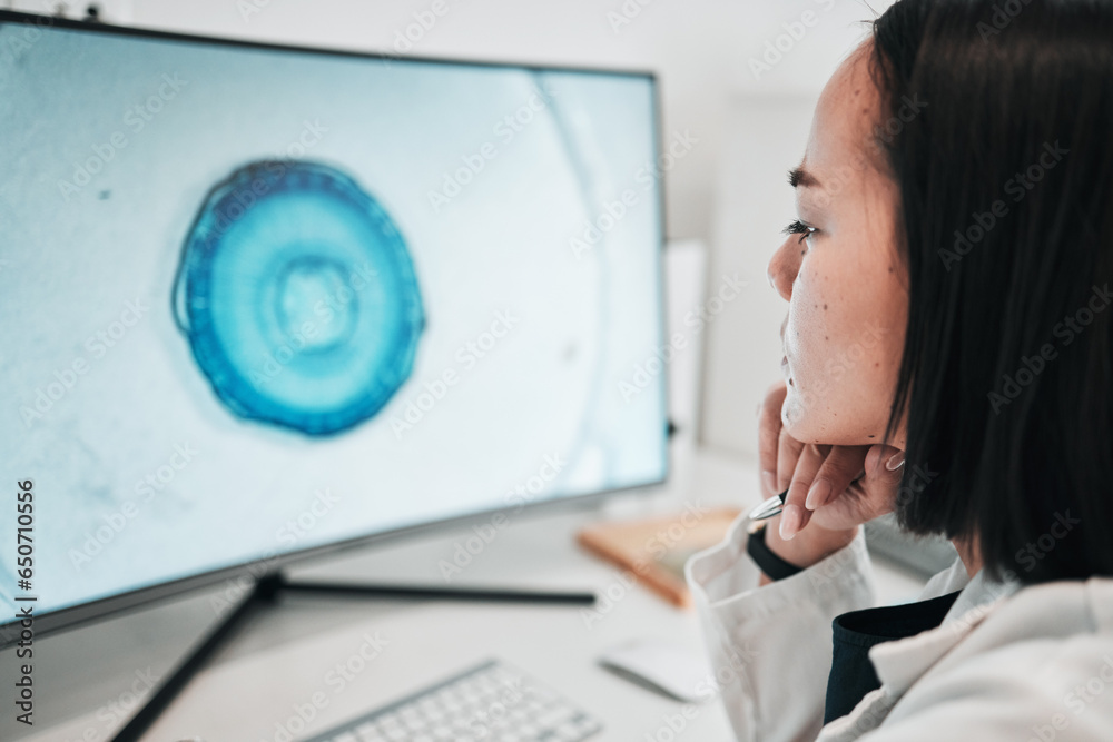 Computer, screen and Asian woman in laboratory for website, innovation and medical research. Healthcare, pharmaceutical and worker reading pc for innovation, biotechnology and medicine service