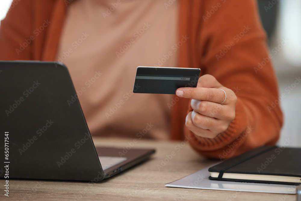 Closeup, woman and laptop with credit card, payment and online shopping with fintech, banking and transaction in a lounge. Person, home and girl with pc, ecommerce and digital app with investment