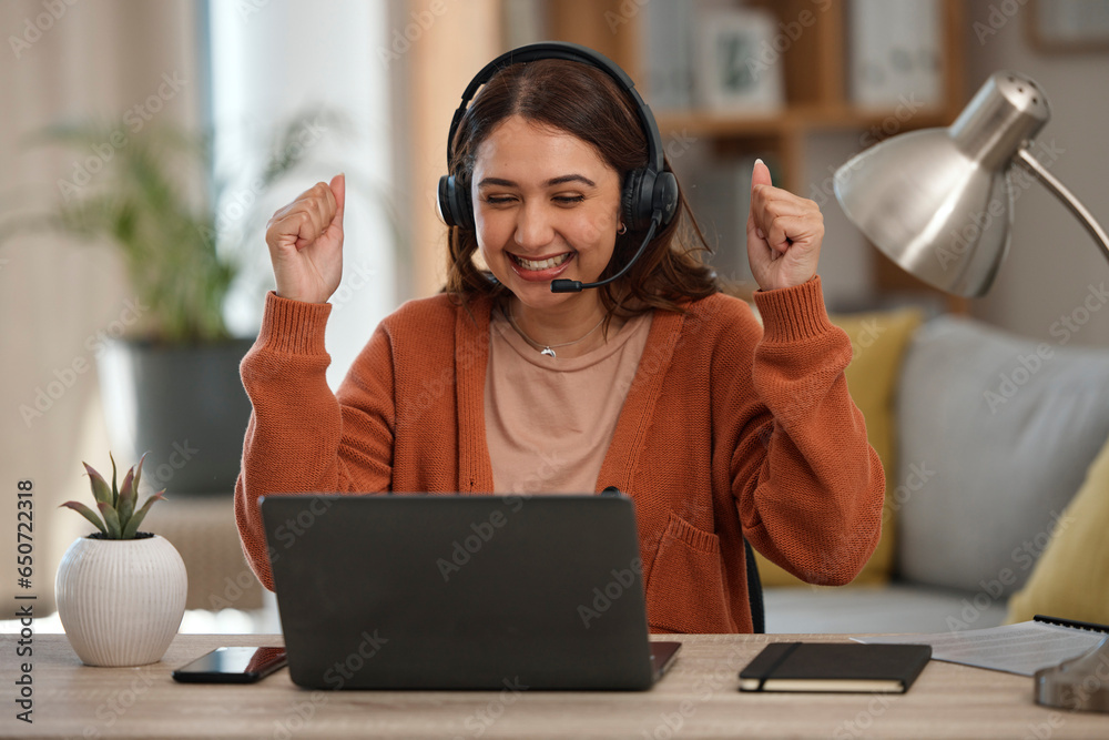 Happy woman, laptop and fist pump in call center, celebration or winning promotion in remote work at home. Excited female person, consultant or agent freelancer smile for discount, sale or target