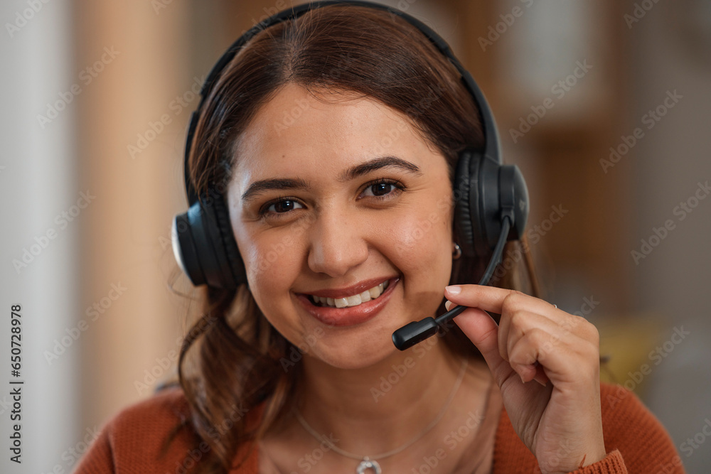 Portrait, smile and home call center with a woman at work for customer service or consulting. Smile, communication and headset with a happy young freelance employee closeup for remote work or support