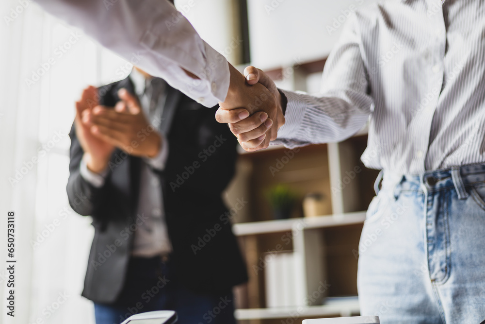 Businesswoman shaking hands with financial advisor at meeting in office.