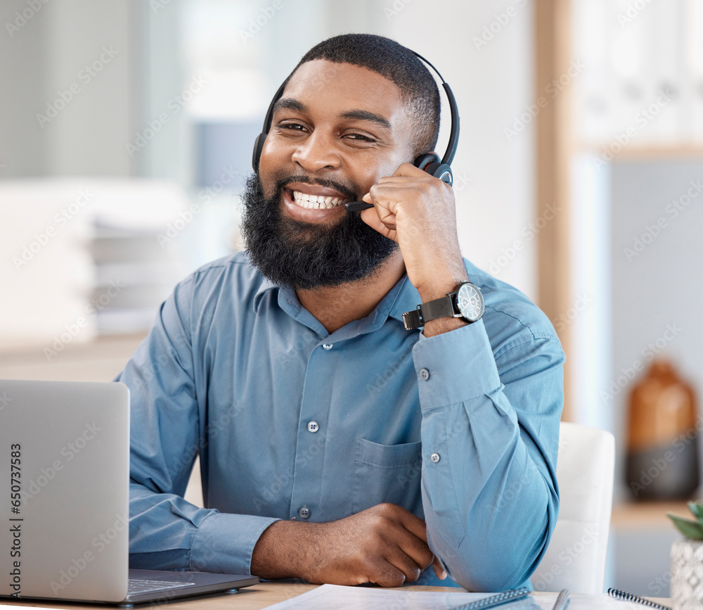 Call center, laptop and man, consultant or business agent for information technology, software support or helping. Communication, IT worker or african person in portrait for virtual online consulting