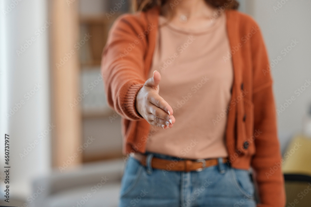 Creative woman, handshake and meeting for introduction, welcome or startup partnership at home. Closeup of female person shaking hands for greeting, b2b or deal in agreement, teamwork or thank you