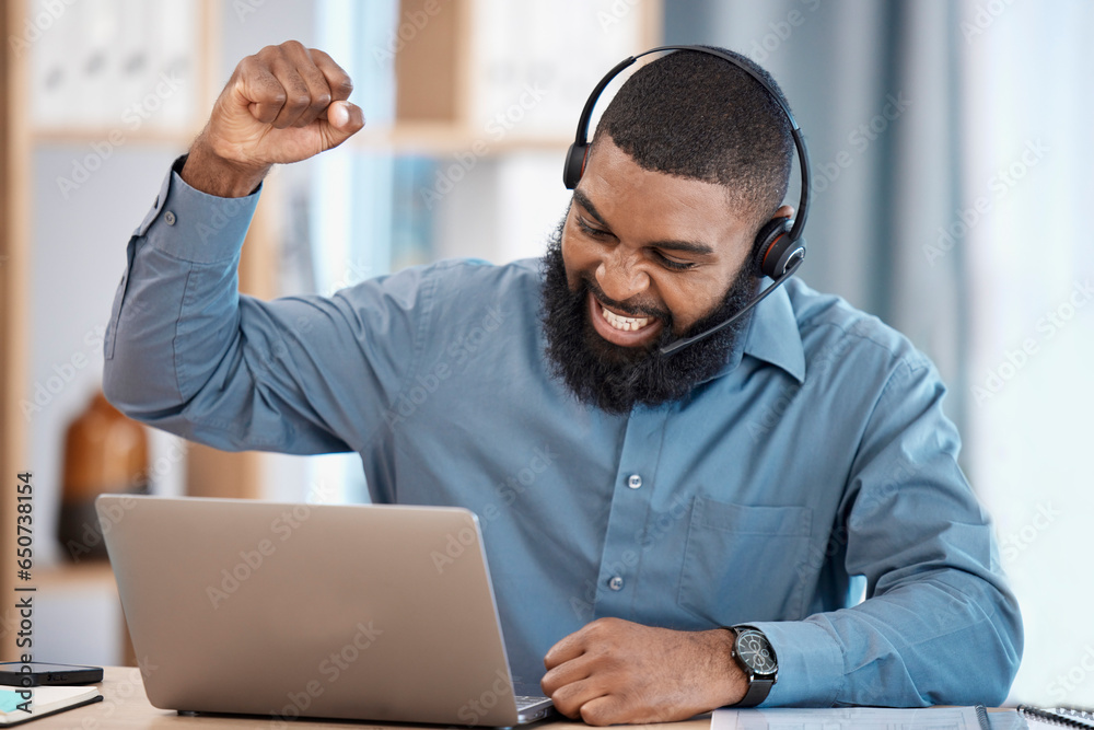 Man, laptop success and call center celebration, winning and goals achievement, target or business sales. Yes, fist and happy african consultant, winner or agent for telemarketing or online profit