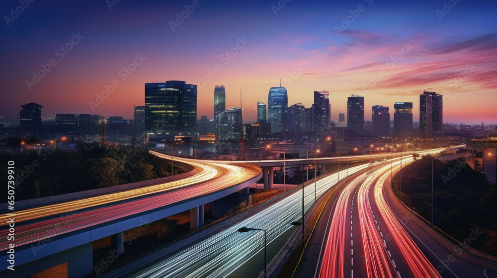 Abstract business background with buildings and long exposure photo of a highway at night. business and finance, real estate property concept concept. Generative Ai