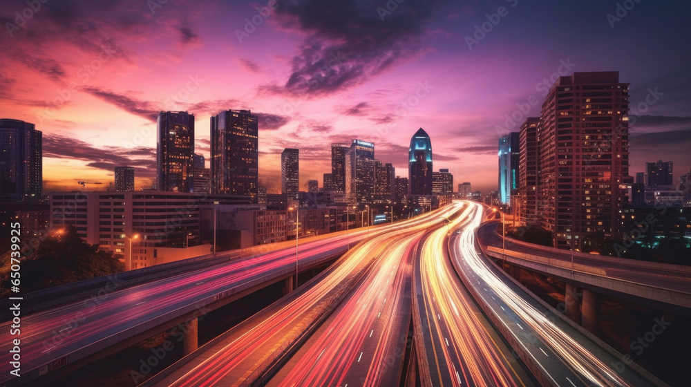 Abstract business background with buildings and long exposure photo of a highway at night. business and finance, real estate property concept concept. Generative Ai