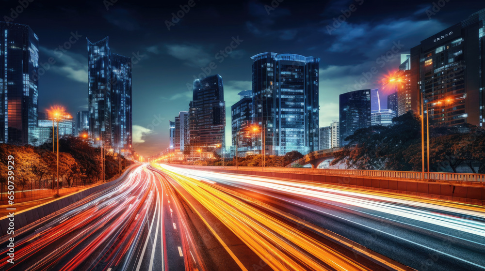 Abstract business background with buildings and long exposure photo of a highway at night. business and finance, real estate property concept concept. Generative Ai