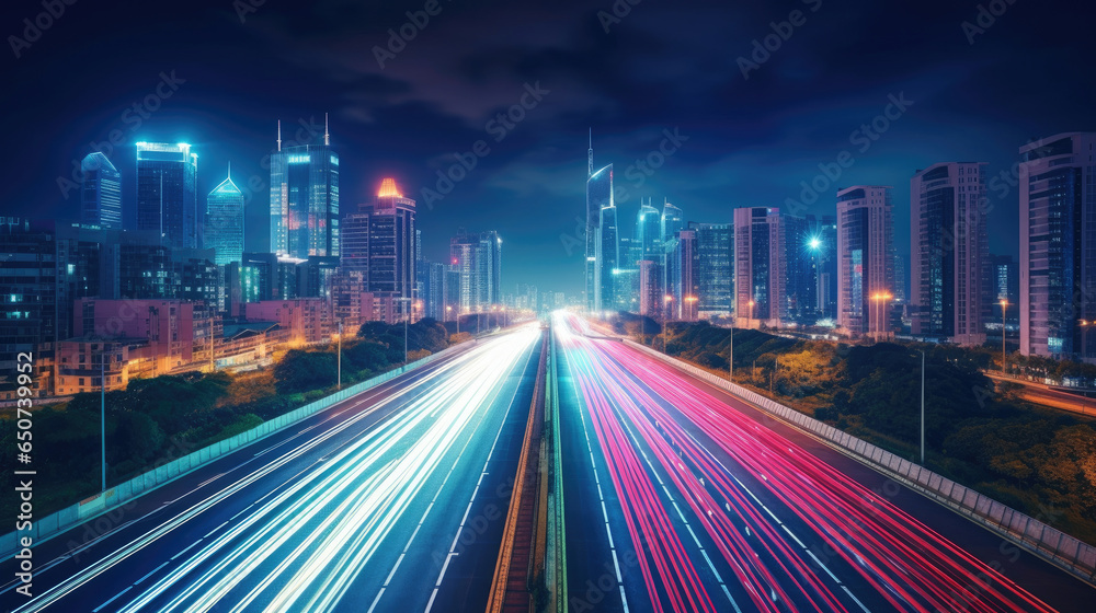 Abstract business background with buildings and long exposure photo of a highway at night. business and finance, real estate property concept concept. Generative Ai