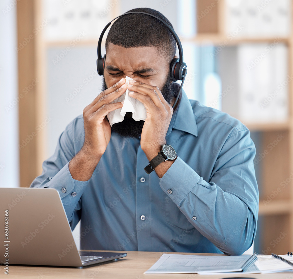 Sick, sneeze and black man with telemarketing, call center and consultant with allergy, professional and customer service. African person, employee and agent with a tissue, tech support and laptop