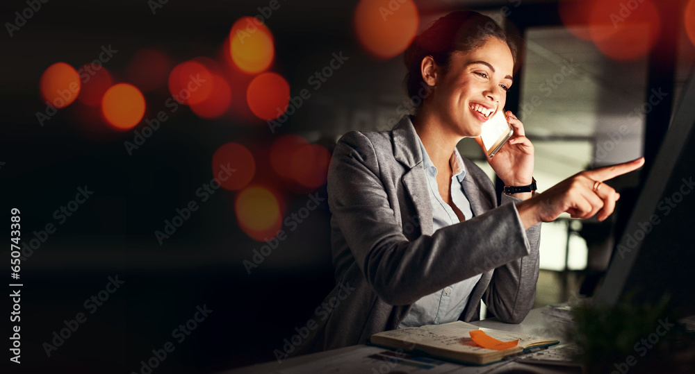 Business woman, phone call and happy at night with bokeh lighting and computer work. Deadline, office smile and mobile networking with worker conversation and data for project and mockup space