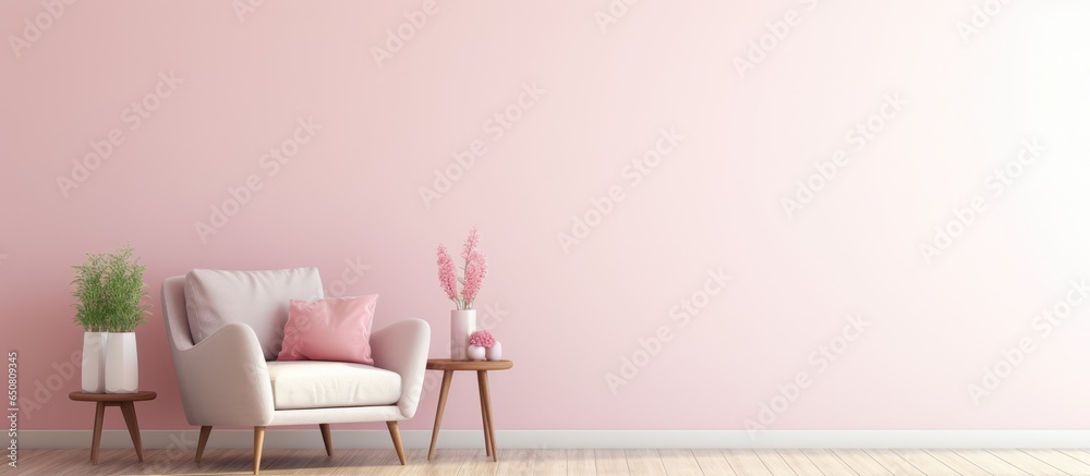 a modern living room with a cozy pink chair in the background