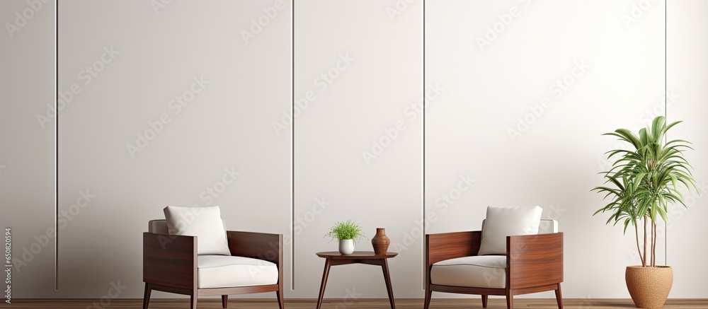 Modern minimalistic interior with armchairs coffee table wood paneling blank wall visualization