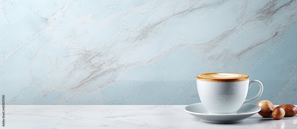 Morning espresso in coffee cup on podium with white marble background Aroma ristretto Coffee mug on blue wall