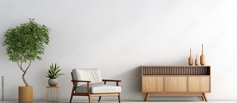 Minimalistic living room with chair plants and cabinet against empty white wall background