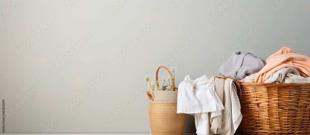 Laundry table and basket in the living room for folding and housekeeping Towel stack bucket and cleaning service for fabric and hygiene on desk in house