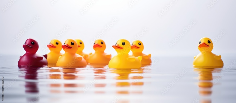 Diverse rubber ducks form a line