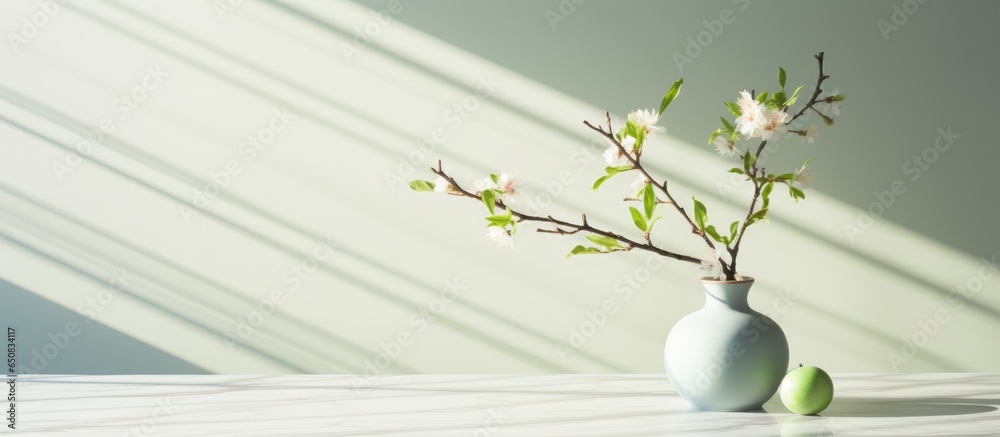 Green branches of spring tree with shadow on marble wall wood table copy space