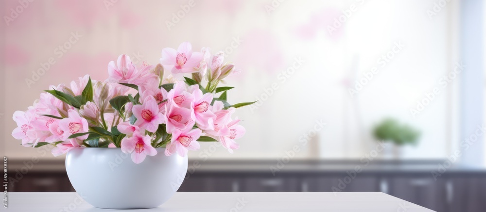 Medical office reception with stunning pink flowers in a vase