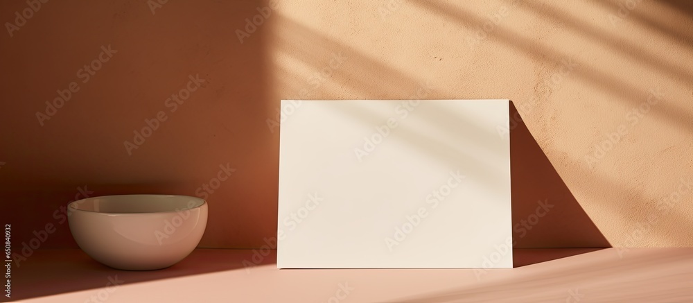 Minimalistic luxury brand template featuring a blank card on a peachy background with glass and ceramic plates all seen from a top down perspective