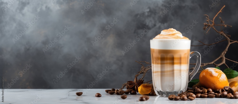 Caramel infused cappuccino or latte in a glass with coffee beans on marble background Front view with space for text