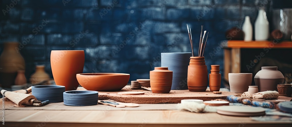 Pottery making tools and materials on a table representing small business and leisure