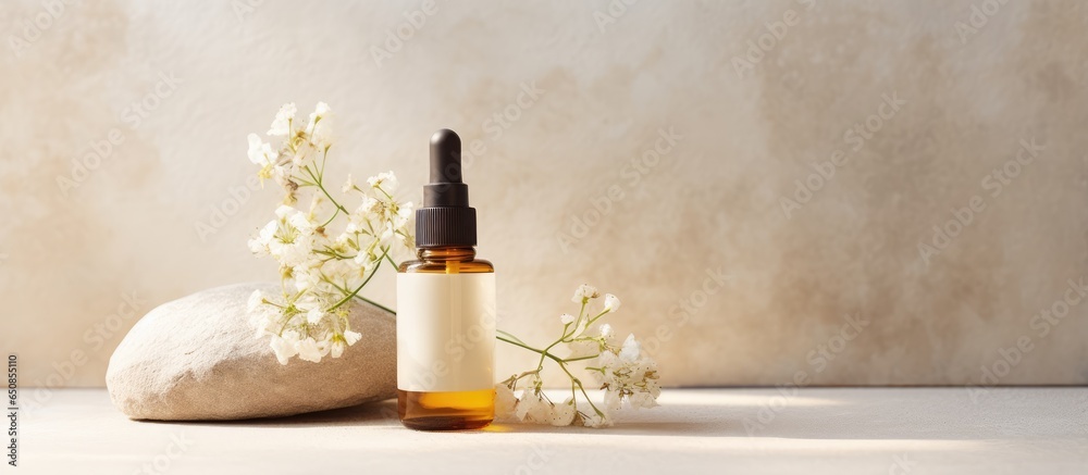 Minimalist beauty therapy concept with organic serum oil cosmetics bottle on stone complemented by flowers and neutral background Skin and face treatment product composition