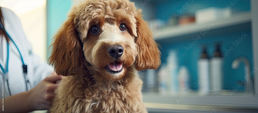 Woman vet administers vaccine to dachshund in clinic