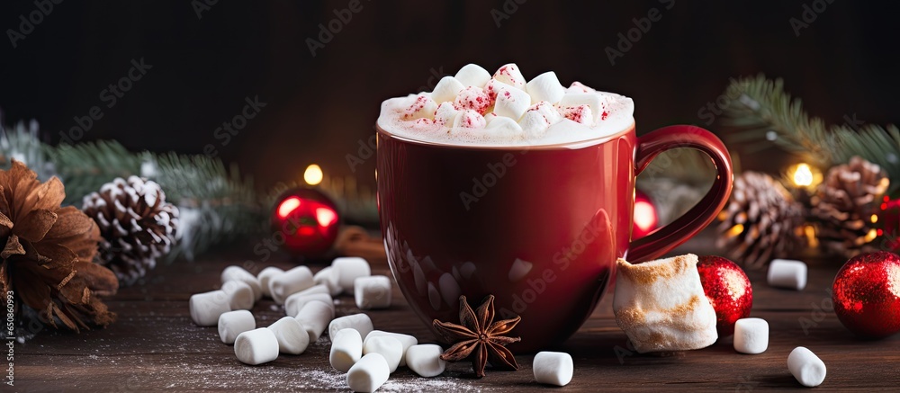 Festive drink with marshmallows and candy cane in red mug Winter elements in the background