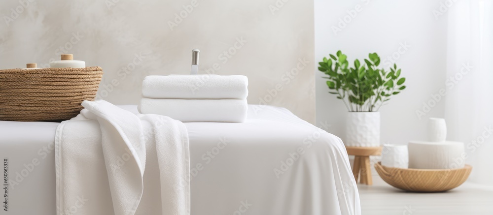 Bedroom interior backdrop featuring white towels