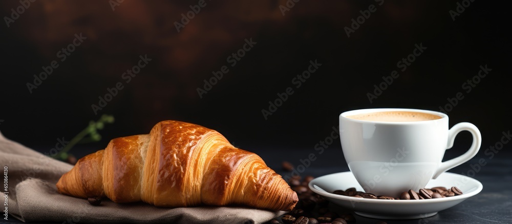 Selective focus on a retro background with white coffee cup and dark croissants Breakfast idea