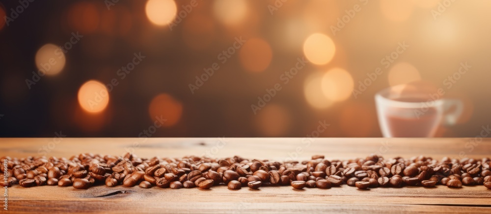 Blurred abstract coffee background with empty wooden table top