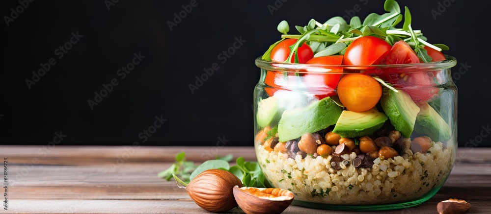 Vegetarian concept Homemade salad with quinoa and veggies in a glass jar promoting healthy eating