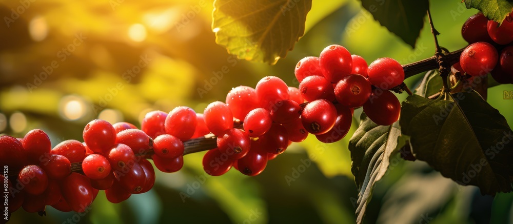 Coffee cherries growing on a tree in northern Thailand s agricultural industry