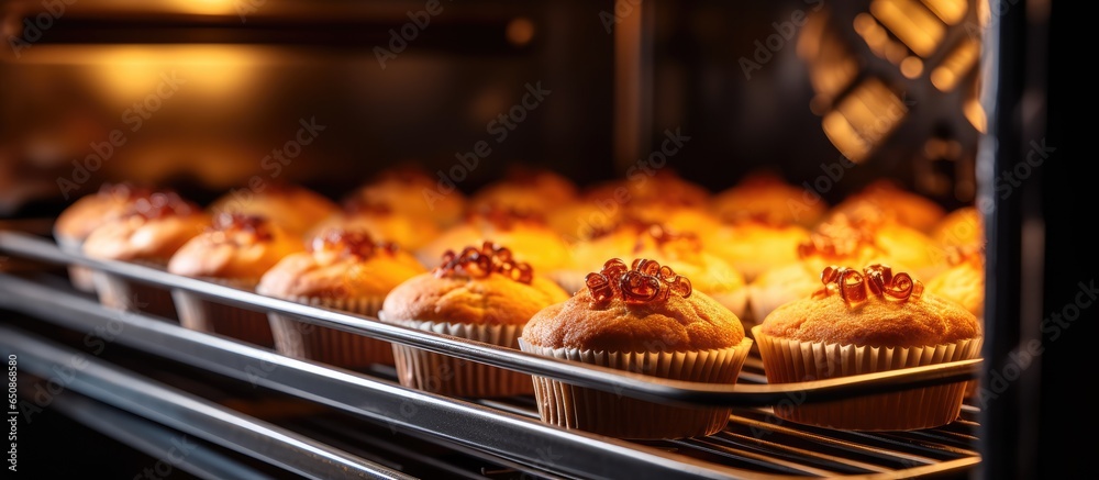 Baking a cupcake in the oven a closeup of a dessert and bakery sweet treat made in the kitchen with baked goods A luxurious snack in the hospitality industry using cake and kitchen appliance