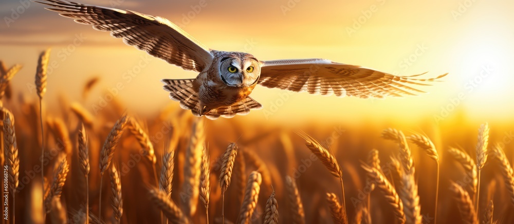 An owl gracefully flies over a wheat field at sunset