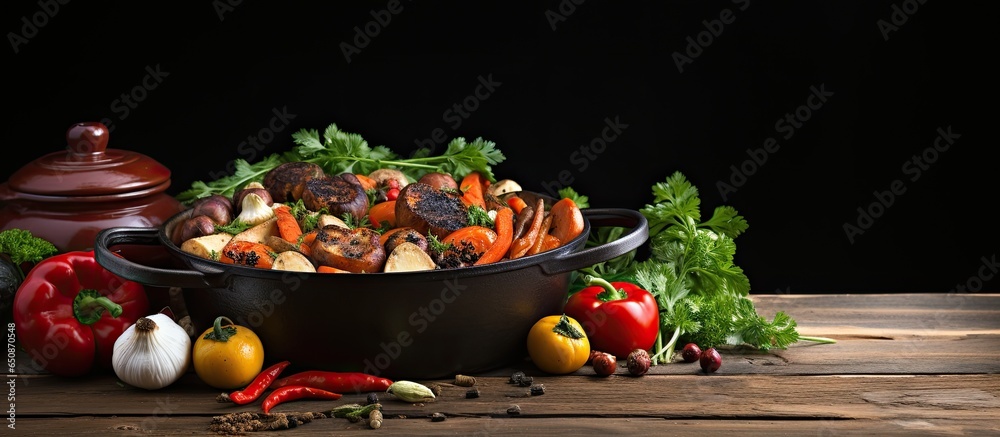 Homemade vegetarian food cooked on a rustic wooden table with a cast iron pot and vegetables