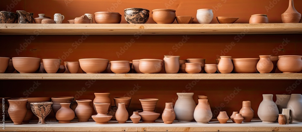 Pottery workshop with shelves displaying handmade clay products representing small business entrepreneurship and hobby