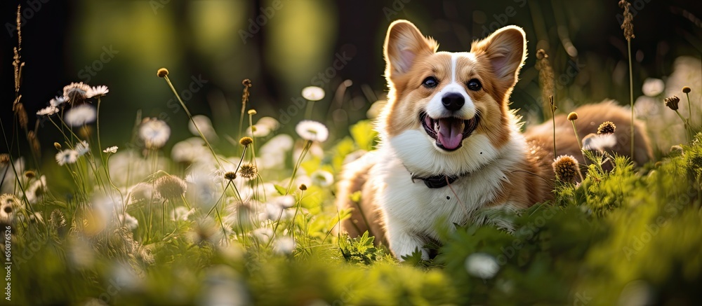 The dog giggles in lush vegetation