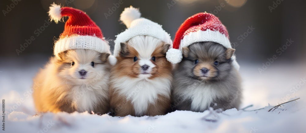 Three cute ponies in Santa hats standing in a snowy field at Christmas Pet at Christmas