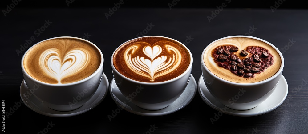 3 coffee styles heart shape love symbol on black cup lover sign on LATTE Cappuccino Mocha cups isolated on white background